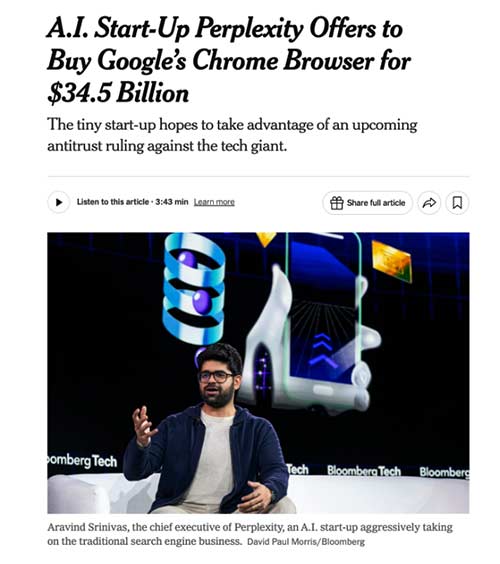 Perplexity提出345亿美元收购Chrome浏览器